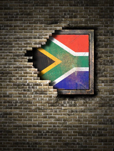 Vecchia bandiera sudafricana in muro di mattoni — Foto Stock