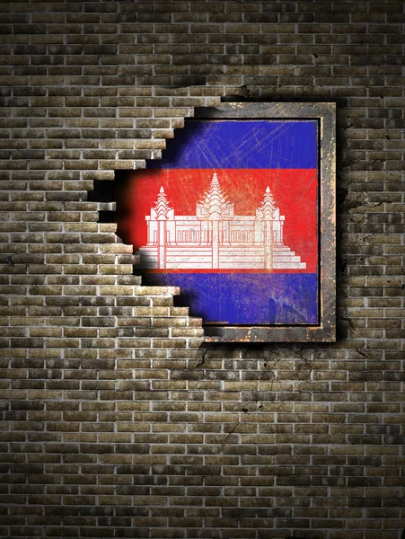 Bandeira do velho Camboja na parede de tijolos — Fotografia de Stock