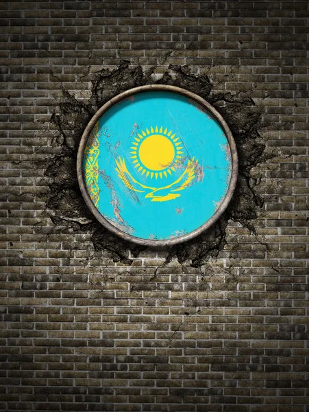 Old Kazakhstan flag in brick wall — Stock Photo, Image