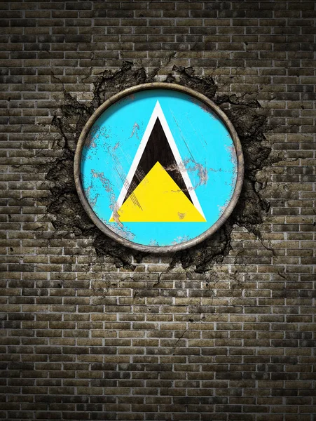 Old Saint Lucia flag in brick wall — Stock Photo, Image