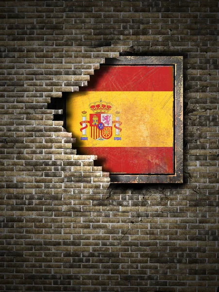 Stará vlajka Španělsko v cihlové zdi — Stock fotografie