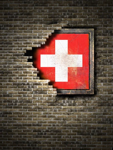 老瑞士旗子在砖墙 — 图库照片