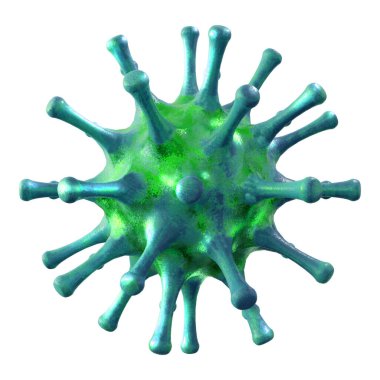 Beyaz zemin üzerinde izole edilmiş Coronavirus covic19 bakterisinin simüle edilmiş mikroskobik görüntüsünün 3D görüntülenmesi