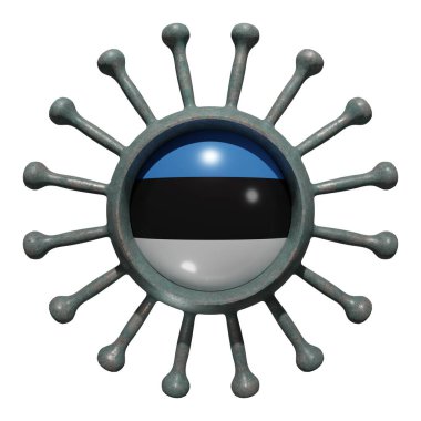 19 numaralı virüs üzerinde ulusal Estonya bayrağının 3 boyutlu çizimi. Ülkelerin salgınla mücadelesi kavramı. Beyaz arkaplanda izole