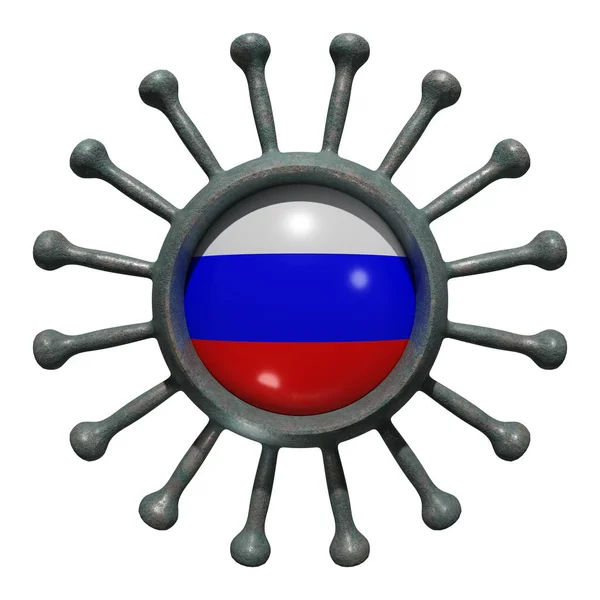 国家ロシア連邦旗の3次元レンダリングウイルスの上にCovid19 国の戦い対パンデミックの概念 白地に隔離された — ストック写真