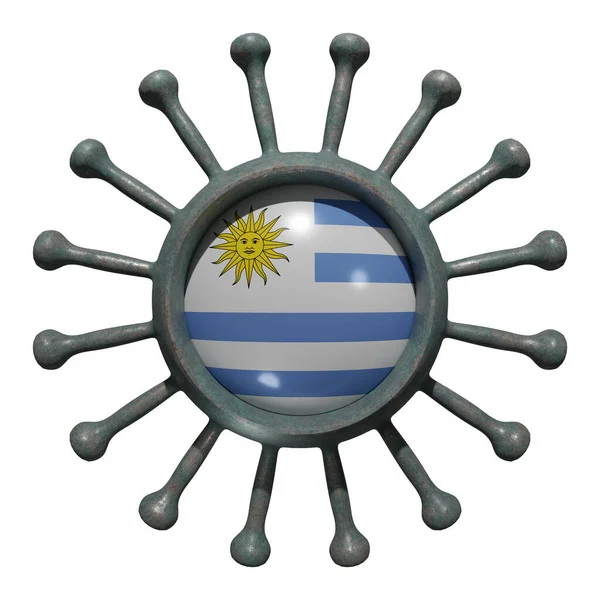 3D在病毒包裹上展示乌拉圭国旗19 国家与大流行病作斗争的概念 因白人背景而被隔离 — 图库照片