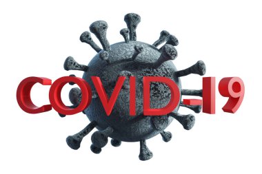 Coronavirus bakterisinin, beyaz arkaplanda izole edilmiş Covid-19 metniyle canlandırılmış mikroskobik görüntüsünün 3D görüntülenmesi