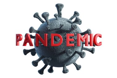 Covid-19 bakterisinin simüle edilmiş mikroskobik görüntüsünün 3d görüntülenmesi ve beyaz arkaplanda izole edilmiş metin salgını