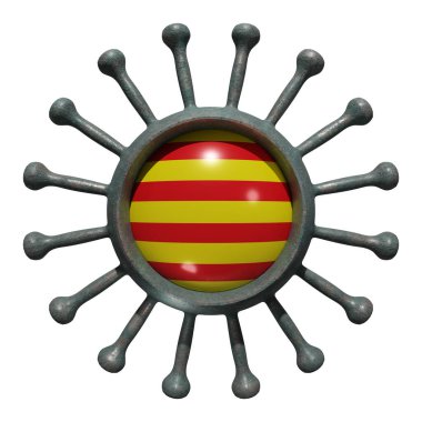 19 numaralı virüs üzerinde Katalonya Halk Bayrağı 'nın 3D görüntüsü. Ülkelerin salgınla mücadelesi kavramı. Beyaz arkaplanda izole