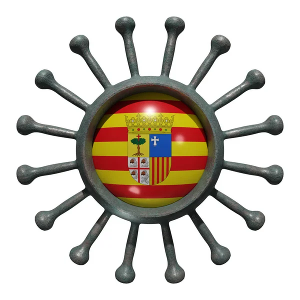 3D在病毒包裹上绘制阿拉贡社区西班牙国旗19 国家与大流行病作斗争的概念 因白人背景而被隔离 — 图库照片