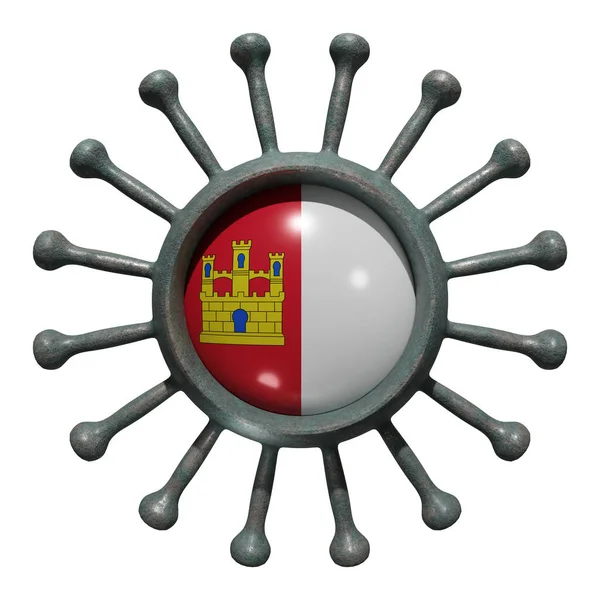 Рендеринг Castilla Mancha Community Spanish Flag Virus Covid19 Концепція Боротьби — стокове фото