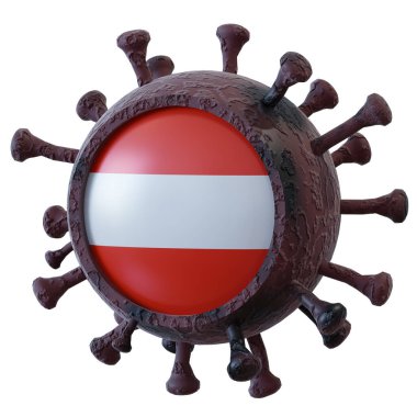19 numaralı virüs üzerinde ulusal Avusturya bayrağının 3D görüntülenmesi. Ülkelerin salgınla mücadelesi kavramı. Beyaz arkaplanda izole