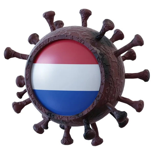 Weergave Van Een Nationale Hollandse Vlag Boven Een Virus Covid19 — Stockfoto