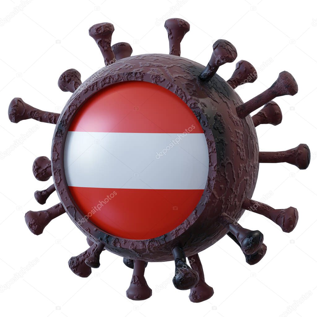 3d rendering of a national Austria flag over a virus covid19. Concept of the fight of the countries vs pandemic. Isolated on white background