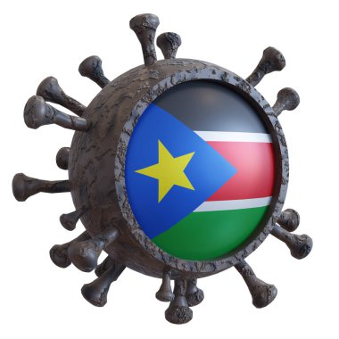 Güney Sudan 'da ulusal bir bayrağın 19 numaralı virüs üzerinde 3 boyutlu görüntülenmesi. Ülkelerin salgınla mücadelesi kavramı. Beyaz arkaplanda izole