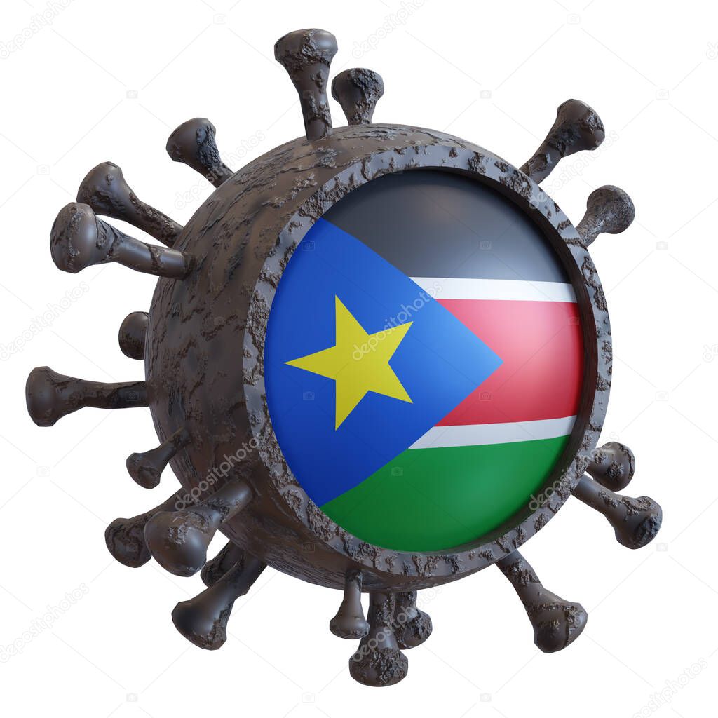 3d rendering of a national South Sudan flag over a virus covid19. Concept of the fight of the countries vs pandemic. Isolated on white background