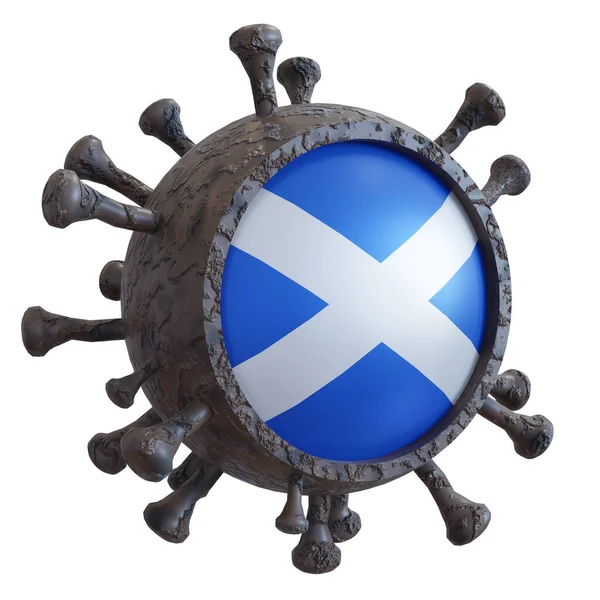 3d rendering of a national Scotland flag over a virus covid19. Concept of the fight of the countries vs pandemic. Isolated on white background