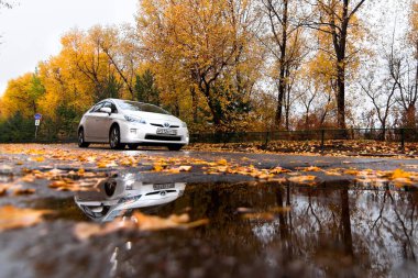 Habarovsk, Rusya - 14 Ekim 2017: Beyaz Toyota Prius aut üzerinde