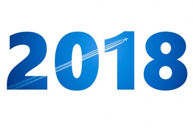 2018 whit üzerinde izole gökyüzü arka planda uçak ile sayı