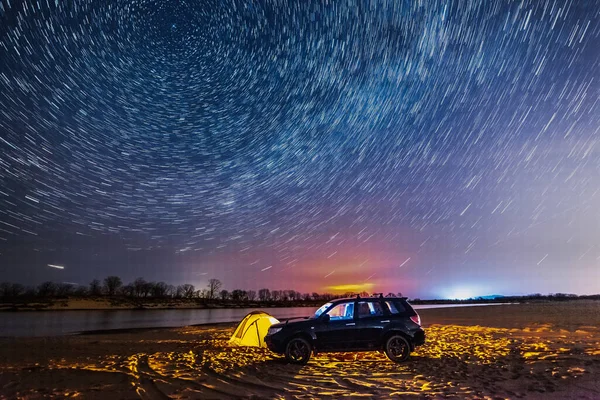 Nikolaevka Russia May 2019 Night Camping River Star Trails Sky — Stock Photo, Image