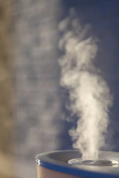 Humidifier Spreading Steam White Brick Background Loft Style Vertical Photo — Stock Photo, Image