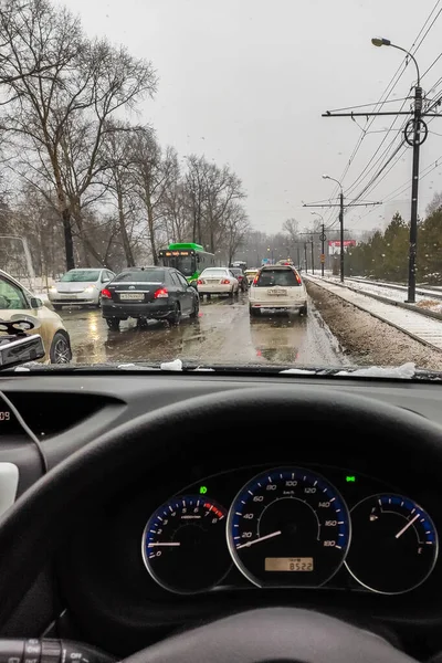 Khabarovsk Russia March 2020 Traffic Jam Morning View Driver Seat — Stock Photo, Image