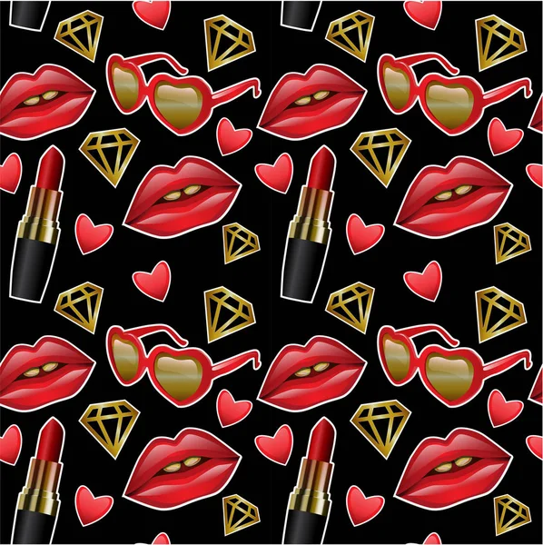 Patroon van vrouwelijke stuff, schoenen, ring, hart, lippen, lippenstift, tassen, riemen — Stockvector