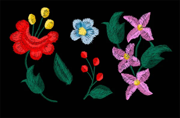 Vackra blommor broderi vektor för textil designelement — Stock vektor