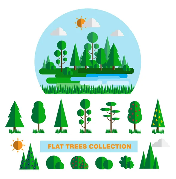 Elementos florestais conjunto com árvores arbustos plantas log e toco ilustração vetor isolado — Vetor de Stock