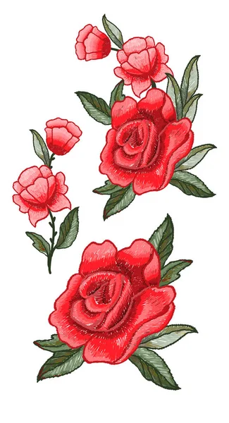美丽的玫瑰花朵刺绣矢量纺织设计 — 图库矢量图片