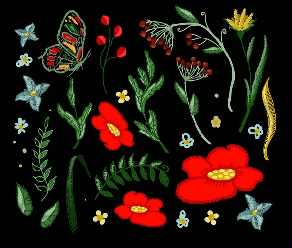 Vector bordado flores para elementos de diseño textil — Archivo Imágenes Vectoriales