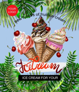 Banner site veya dondurma ve tropikal yapraklar baskı sınırına için. Vektör çizim