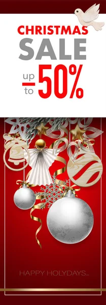 Bannière de vente de Noël avec flocons de neige, balles et pins. Vecteur . — Image vectorielle