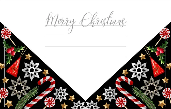 Weihnachtsbanner oder Postkarte mit Tanne, Stern und Bonbons. Vektor. — Stockvektor