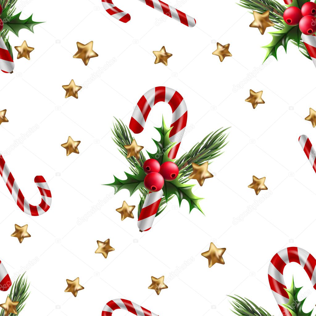 Seamless pattern with Christmas candies and holly berries. Vector