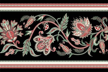 Etnik süslemeler ve paisleylerle kusursuz bir sınır. Halk çiçekleri ve yaprakları baskı ya da nakış için.