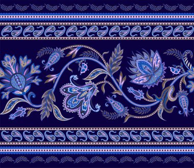 Etnik süslemeler ve paisleylerle kusursuz bir sınır. Halk çiçekleri ve yaprakları baskı ya da nakış için.