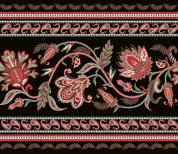 Frontera sin fisuras con elementos ornamentales étnicos y paisleys. Flores y hojas folclóricas para imprimir o bordar . — Vector de stock