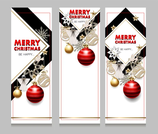 Vánoční prapor nebo pohlednice s borovicemi, anděly a dřevěným dekorem. Vektor. — Stockový vektor