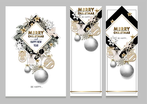 Banner de Navidad o postal con pinos, ángeles y decoración de madera. Vector . — Vector de stock