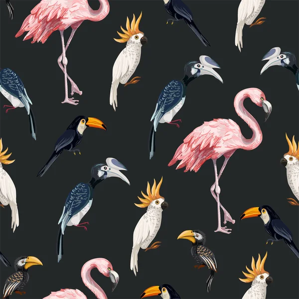 Seamless pattern with junngle bird such as flamingo, parrot, toucan. Vector. — 스톡 벡터