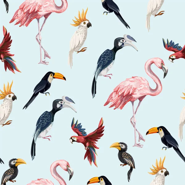 Seamless pattern with junngle bird such as flamingo, parrot, toucan. Vector. — 스톡 벡터