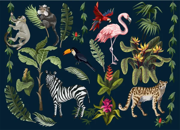 Animales de la selva, flores y árboles aislados. Vector. — Vector de stock