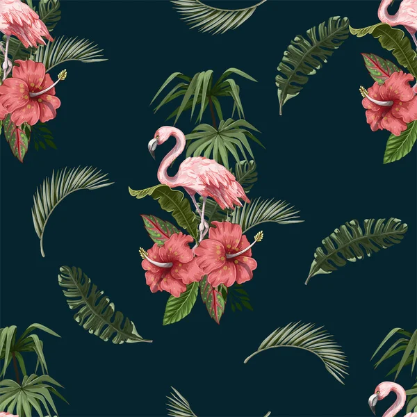 Seamless pattern with flamingo and tropical leaves. Vector. — 스톡 벡터