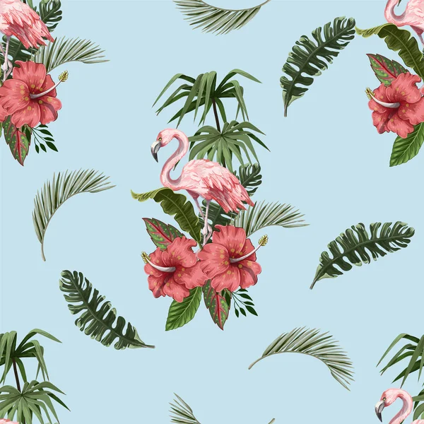 Motif sans couture avec flamant rose et feuilles tropicales. Vecteur . — Image vectorielle