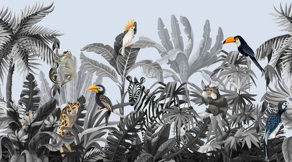 ジャングルの木々や動物とのシームレスな境界線モノクローム. — ストックベクタ