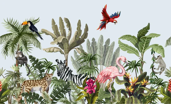 Seamless border with jungle animals, flowers and trees. Vector. — 스톡 벡터