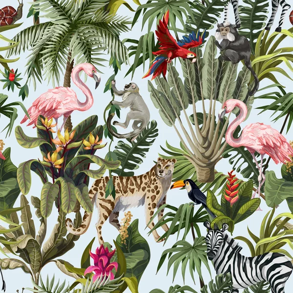 Απρόσκοπτη μοτίβο με ζώα της ζούγκλας, λουλούδια και δέντρα. Διάνυσμα. — Διανυσματικό Αρχείο