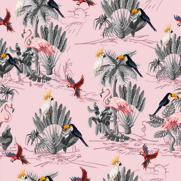 Seamless pattern with jungle animals, flowers and trees. Vector. — Stock Vector