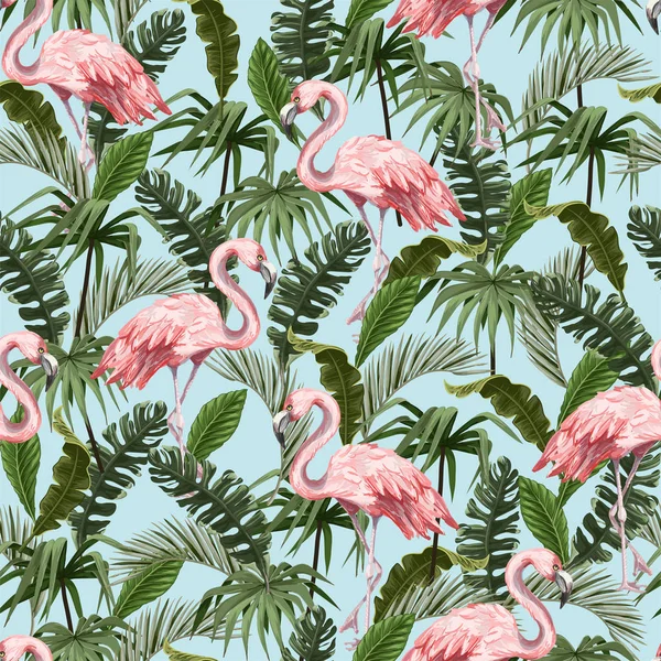 Padrão sem costura com flamingo e folhas tropicais. Vetor . —  Vetores de Stock